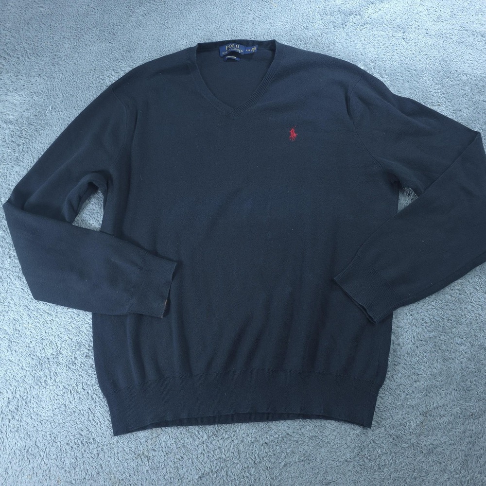Polo Ralph Lauren Sweater Mens Large Blue Pima Cotton V Neck Knit Logo Pullover